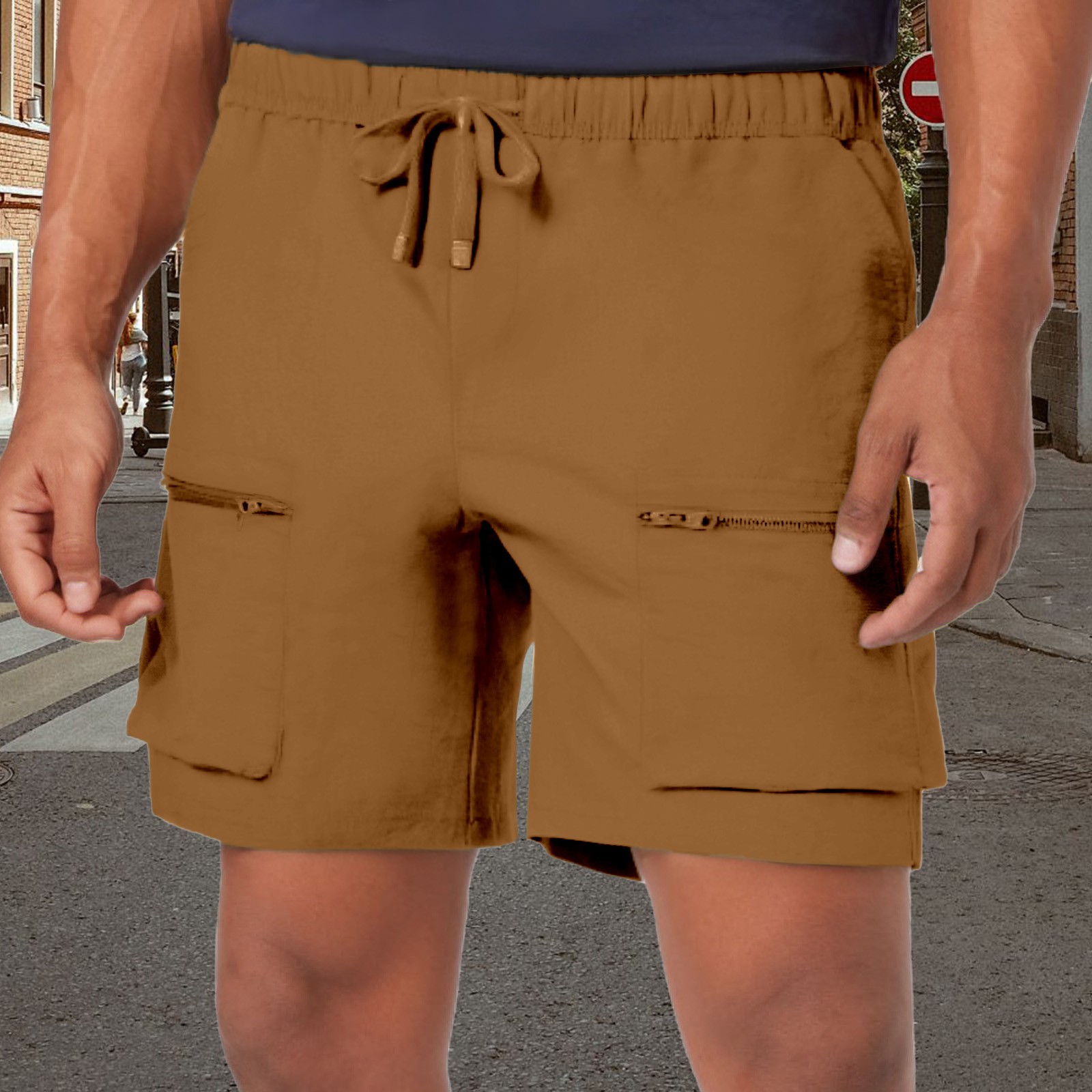 thumbnail image 2 of Pantalones de trabajo europeos de color liso con bolsillo con cremallera para hombre - Pantalones cortos deportivos holgados informales, 2 of 8